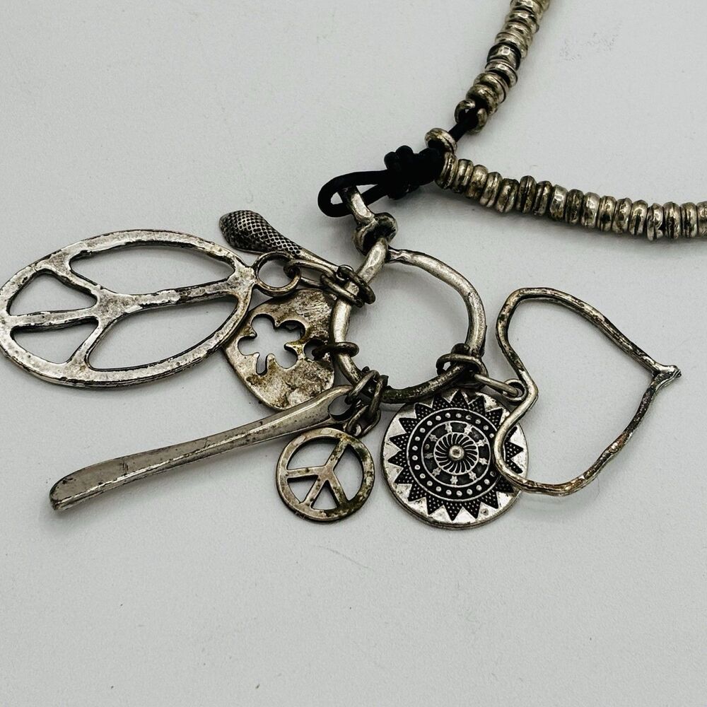 Designer Tekeli Charm Necklace Silver Tone Beaded Leather Boho Hippie Love 29.5"
